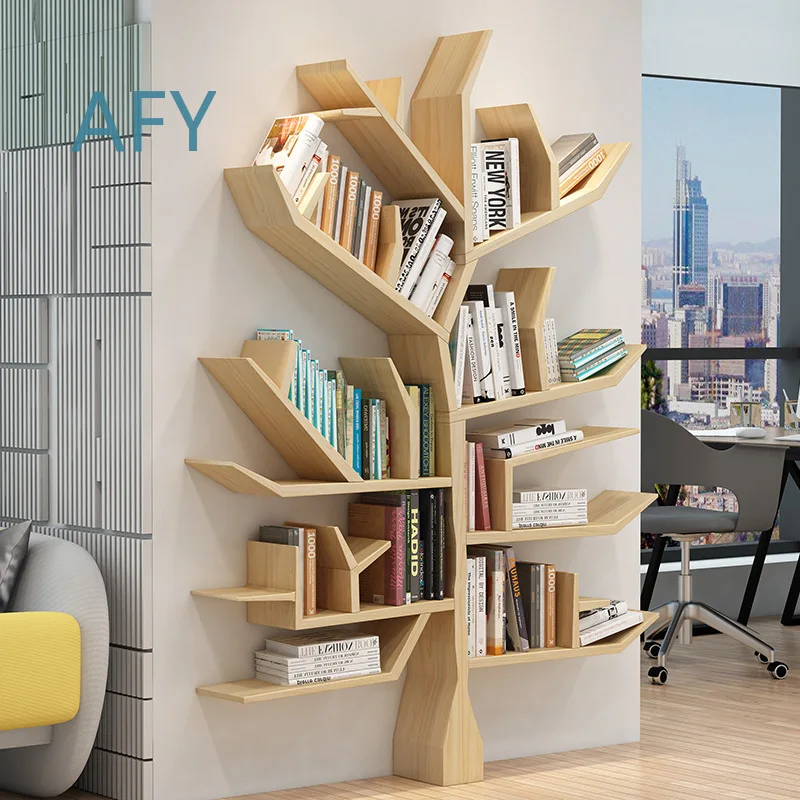 Creative Wooden Tree Shaped Bookshelf for Living Room Bedroom Floor to Ceiling Wall Storage Rack Art Decorative Shelf