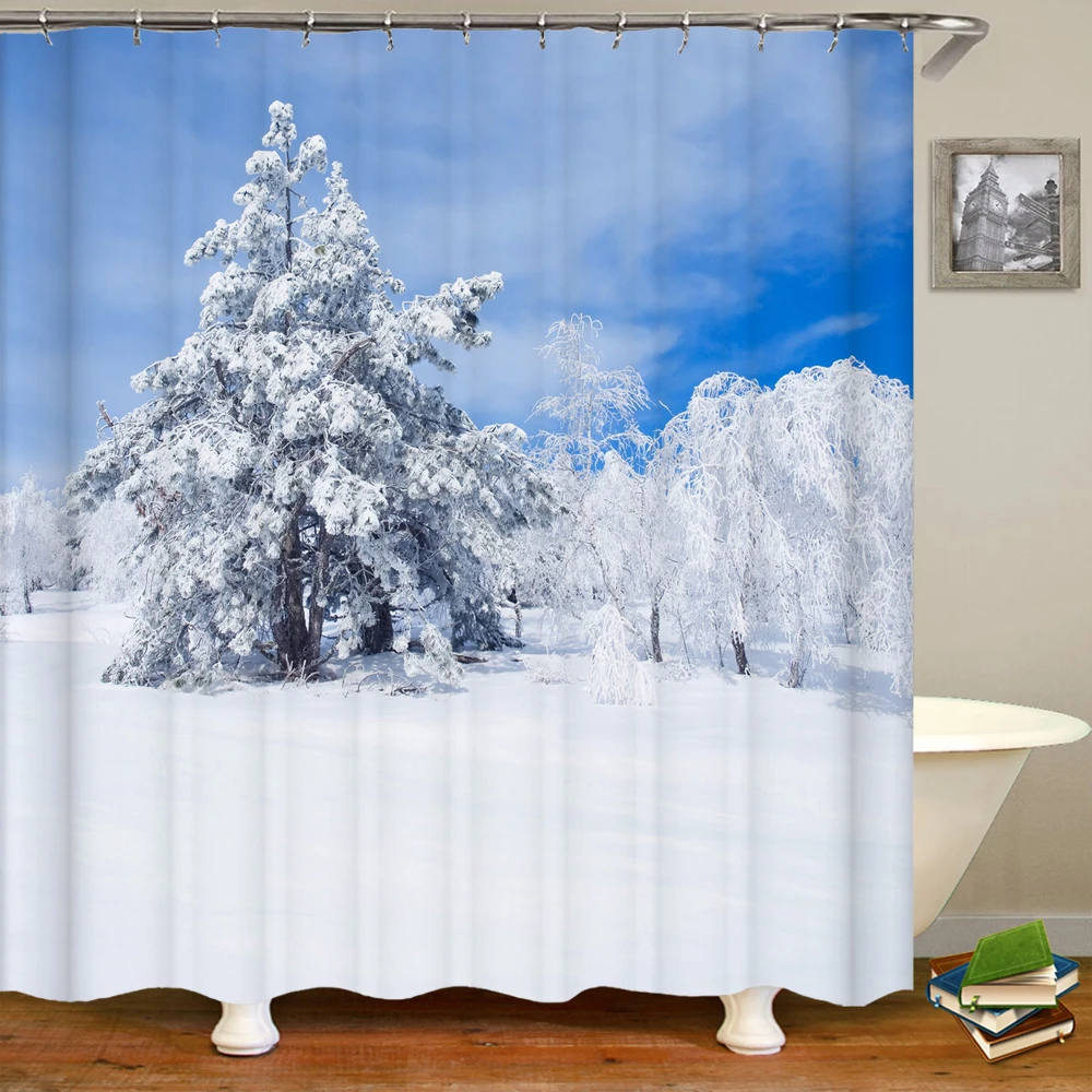 Waterproof Shower Curtain Forest Scenery Bathroom Home Decor Snow Scene Cedar Printed Polyester Fabric Curtain for Bathroom