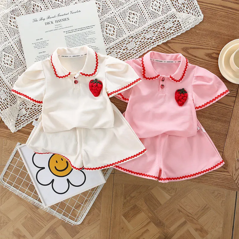 Baby Girl Clothes Summer Knitwear Polo Shirt & Shorts 2 Pieces Set 3D Strawberry Decoration Toddler Girls Cotton Tracksuit