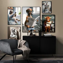 Chimpanzee Cat Dog giraffe Animal to the Toilet Funny Anime Poster Waterproof Paper Sticker Coffee House Bar Room Wall Decor