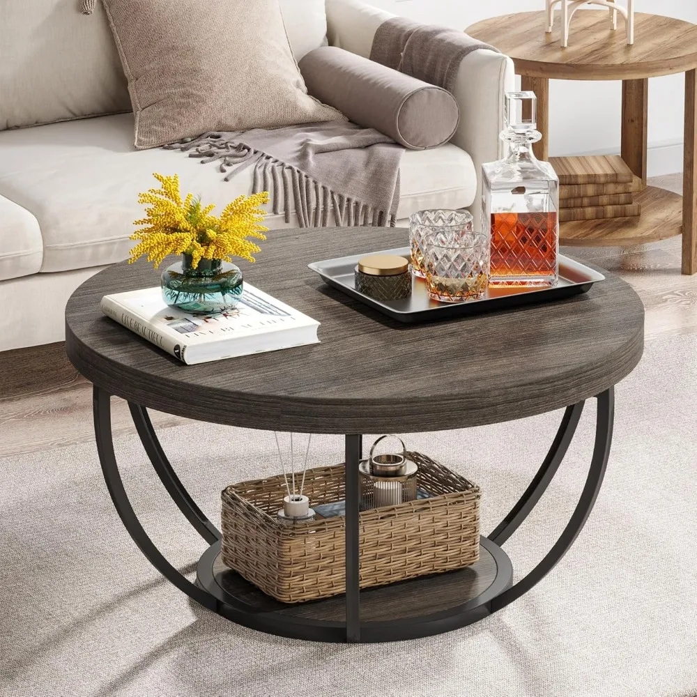 

Round Coffee Table, Industrial Circle Coffee Table with Storage Shelves, Modern Wooden Accent Center Table for Living Room