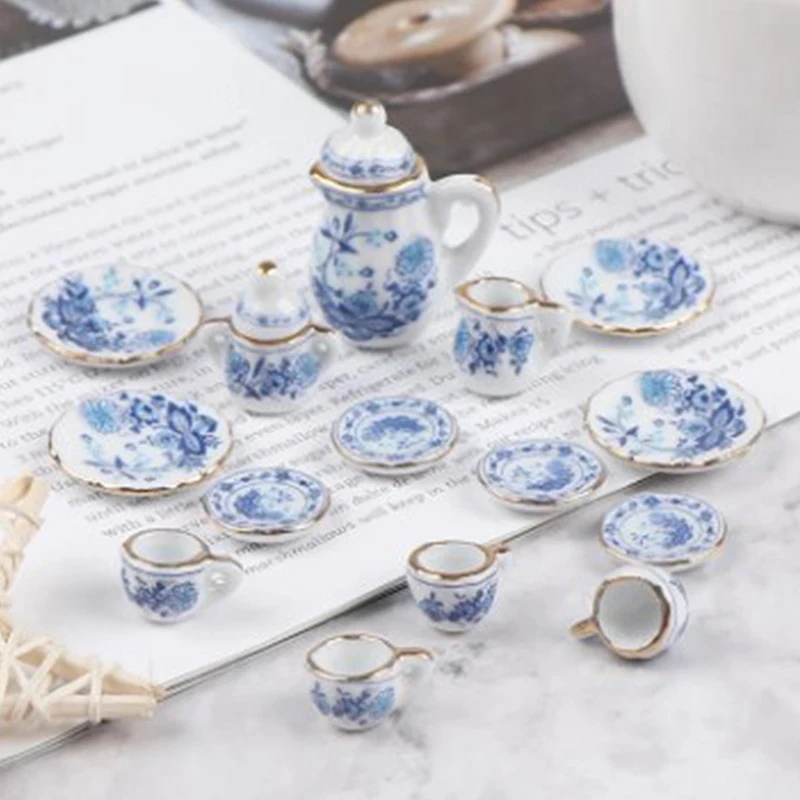 Vajilla en miniatura para casa de muñecas, juego de tazas de té de cerámica y porcelana, accesorios de bricolaje, 15 piezas, 1:12