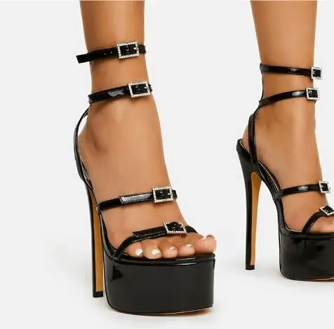

Sexy Black Hot Pink Shiny Patent Leather Crystal Buckle Super Thin Heels Platform Summer Sandals Women Open Toe Prom Shoes Lady