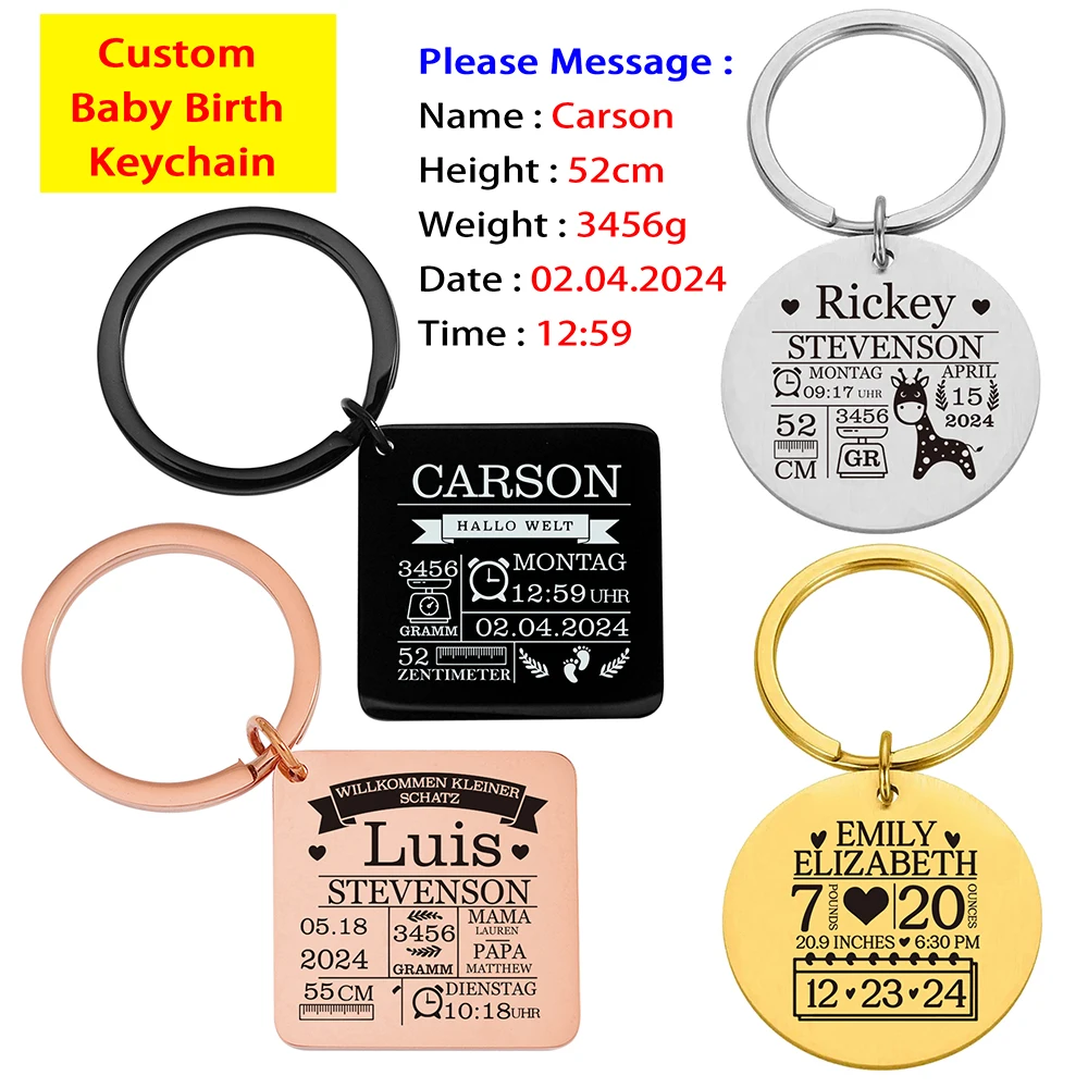 

Custom Baby Keychain Personalized Name Birth Date Time Weight Height Newborn Souvenir Mom Dad Gift Keyring Key Ring Chains Items