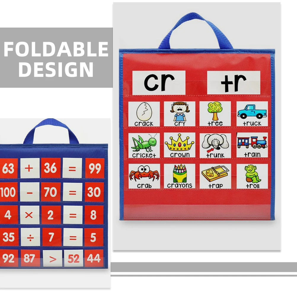 

Teaching Pocket Chart Oxford Cloth PVC 5 Pockets per Side Red Blue Foldable Classroom Desk Wall Charts Students for Classroom