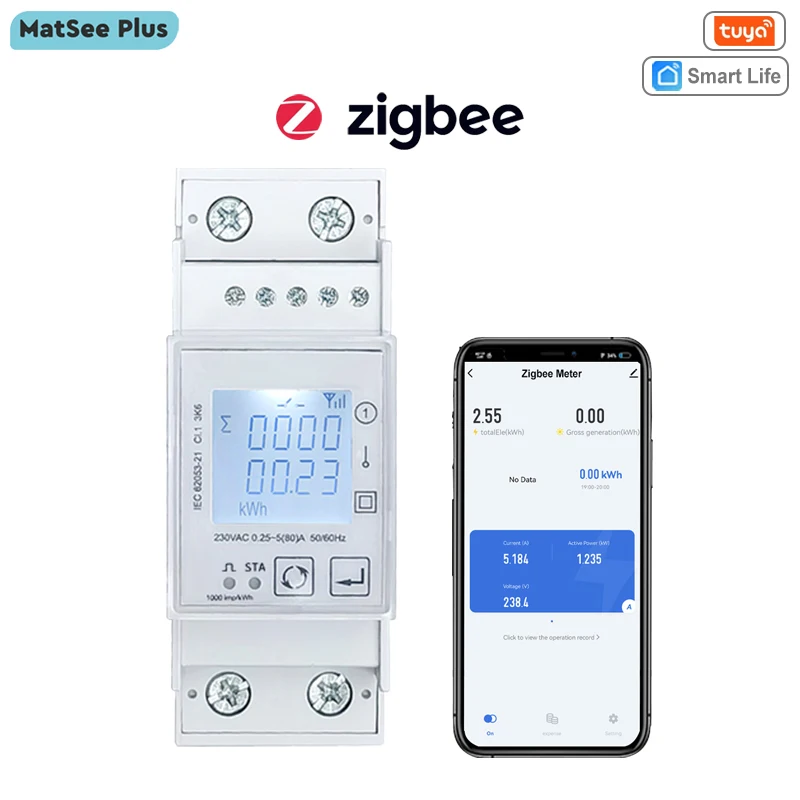 Tuya Smart ZigBee Energy Meter Single Phase 80A Din Rail Power Monitor KWh Wattmeter Voltmeter Ampermeter 110V 220V 50/60Hz