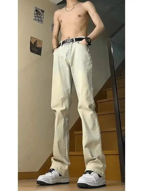 

Retro Waed Loose Men's Jeans Bell Bot Straight Leg Casual High Street Faion Brand Yellow Clay Autumn Season
