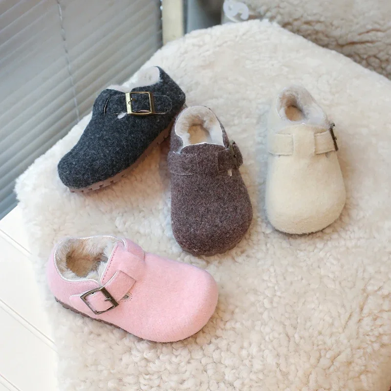 Kids Warm Cotton Shoes Winter New Boys Girls Flat Fur Cover Toe Light Warm Shoes Non Slip Leisure Comfy Soft Sole Plush Slippers