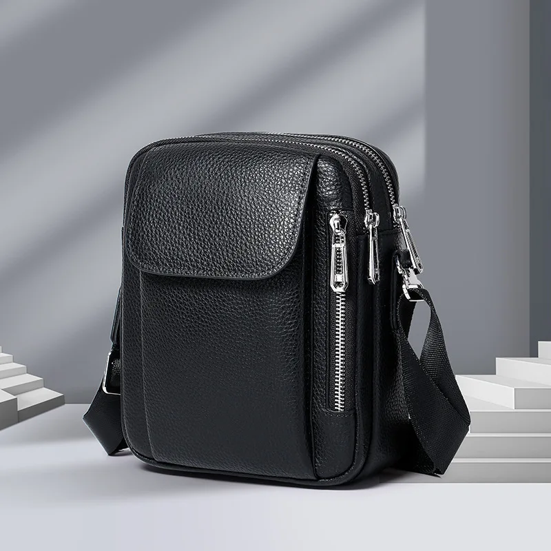 Men's multi-pocket crossbody bag, high-end large-capacity versatile commuting black genuine leather men's single-shoulder bag
