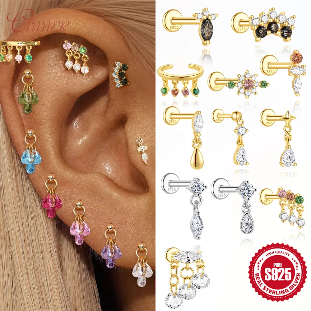 CANNER 925 Sterling Silver 1PC Green Pink Purple Colored Water Droplet Zircon Flat Back Stud Earring Women Ins Summer Jewelry