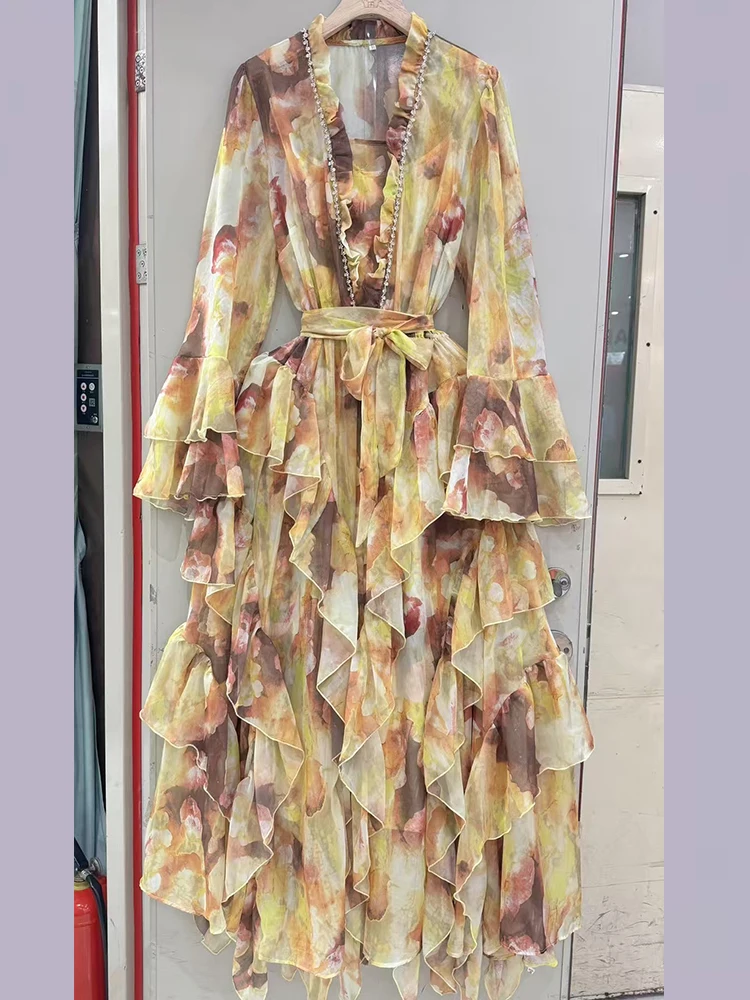 Primavera/verão 2025 novo vestido de manga comprida com decote em v com estilingue estampado elegante renda cintura camada de orelha de madeira sobre camada babados longo sk