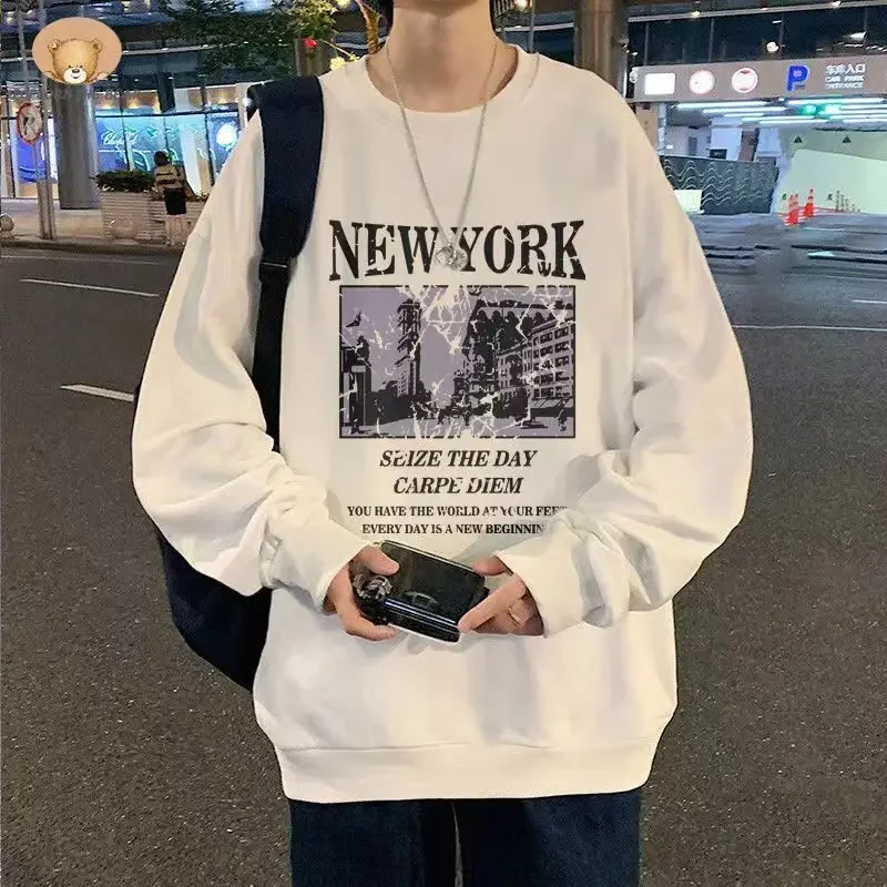 LIBIELIY Fashion Loose O-Neck Printed Casual Tee Shirt Men's Clothing 2025 Autumn Winter Oversized Korean Pullovers All-match T-