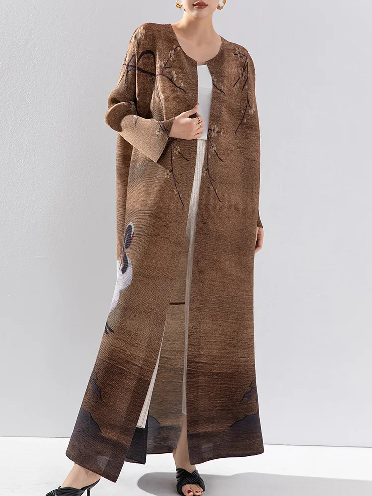 

Miyake Pleated Vintage Swan Printed Long Sleeve Coat Women Autumn Winter Original Designer Abaya Cardigan Plus Size Windbreak
