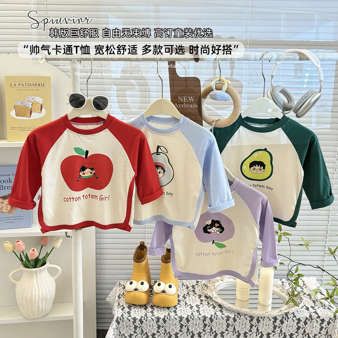 Spring Autumn New Children's Long Sleeve T-shirt Base Shirt Cotton  Versatile Korean Trendy Printed Tops Unisex Kids Clothing