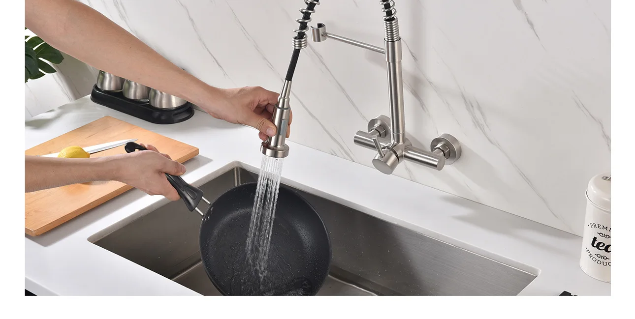 Wall Mounted Kitchen Faucet Brushed Nickel Spring Pull Out Sprayer Kitchen Tap 2 Modes Water Flow Single Handle Wall Mount Kitch