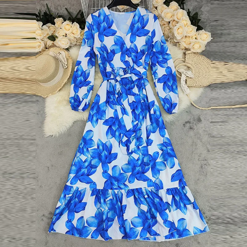 Outono nova senhora cintura alta split bohe vestido estilo férias lanterna manga longa vestido de noite moda com decote em v impresso vestido de festa