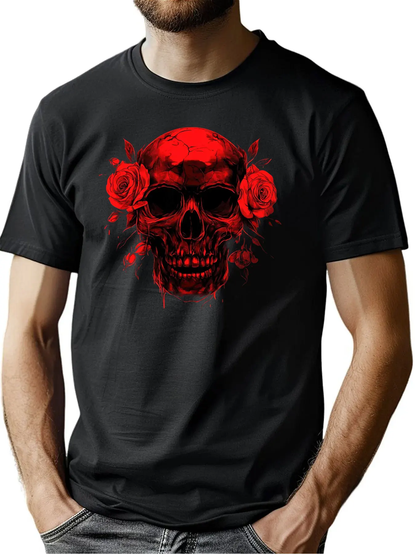 

Premium Cotton Knit Men's Casual Tee With Dead Head Roses Print Comfortable Outdoor Wear Memorial Day Gift For Gents Machine Was