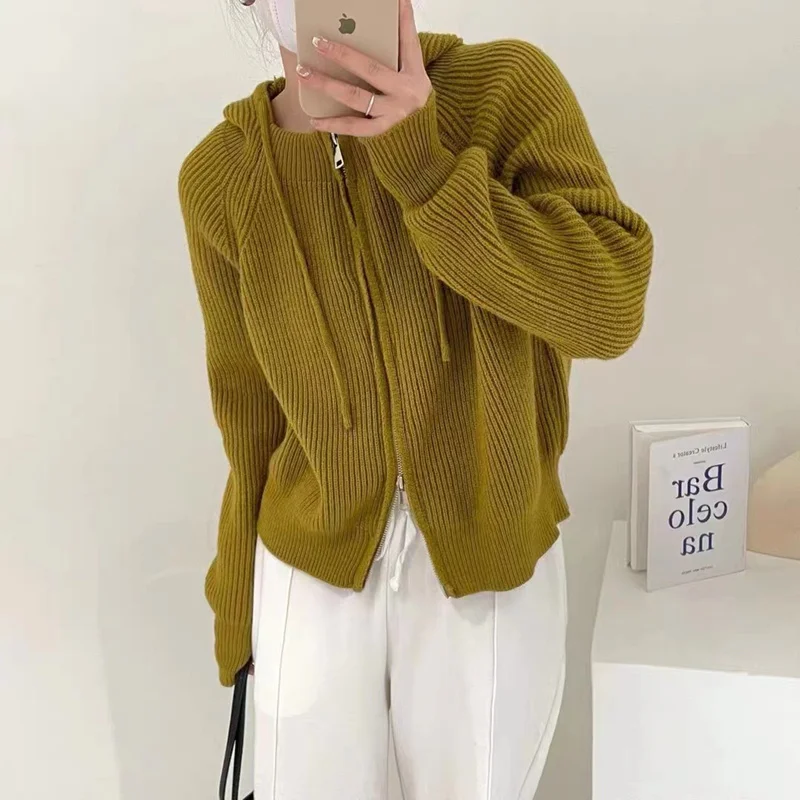 double zipper hooded knitted cashmere cardigan women\'s autumn winter loose sweater short style hoodie casual wool coat