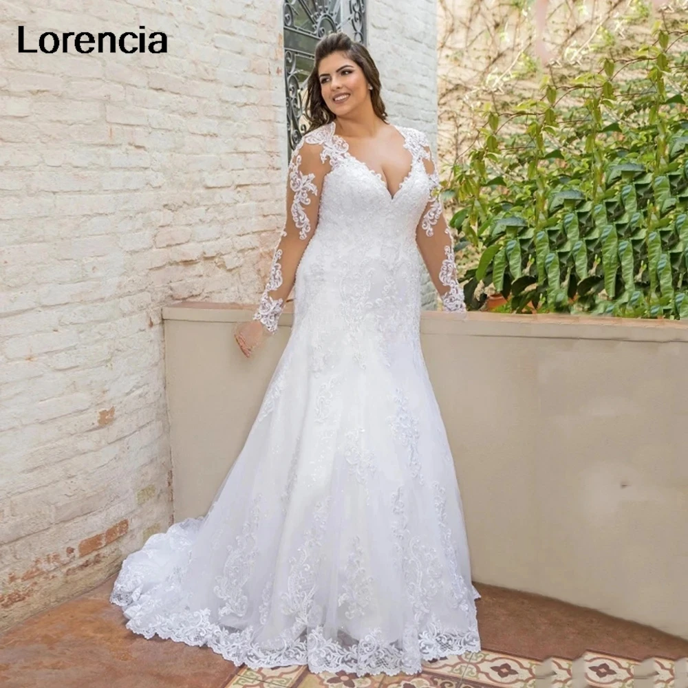 

Lorencia Long Sleeves V Neck Mermaid Lace Wedding Dress Appliques Beading Bridal Dress Bride Gowns Vestido De Noiva YMW194