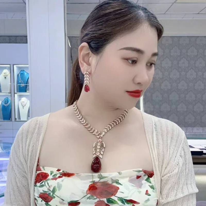 Vintage Fashion Style Earrings Necklace Inlay Cubic Zircon Synthetic Ruby Turtle Pendant Plated Gold Color Party Jewelry Sets