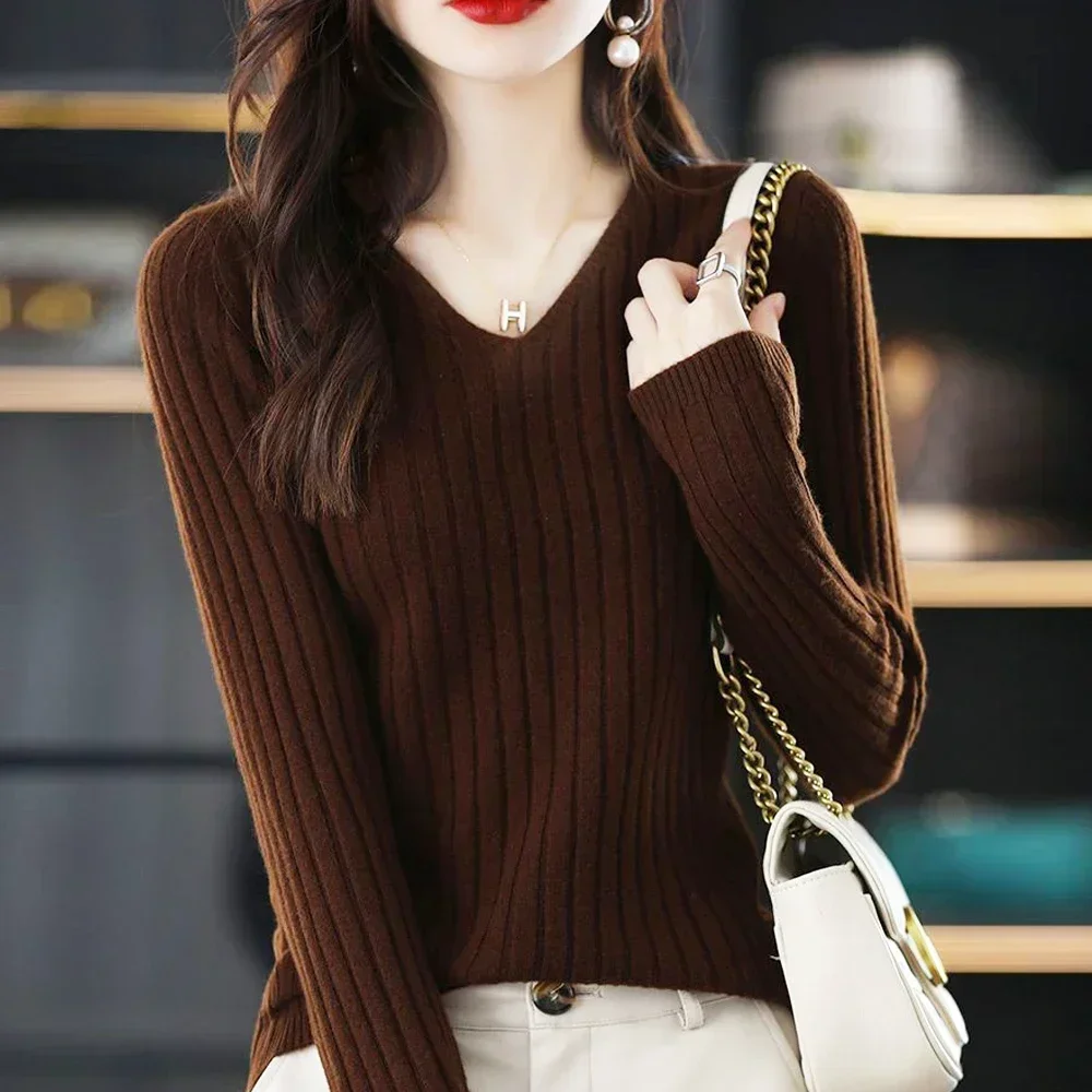 Stretch V-neck Full Sleeved Knitted Sweater Girl Black Red Coffee Yellow Long Sleeved T Shirt Womens Knitwear Tops A RAN A YUE