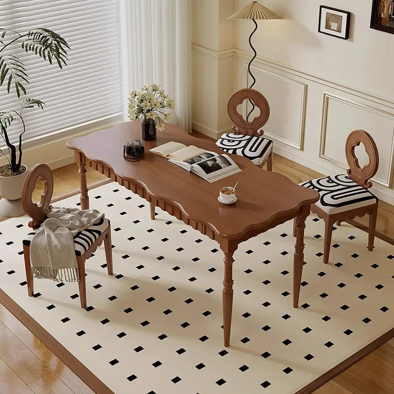 

American dining table dining table and chairs antique light luxury wood black French rock slab round table simple household