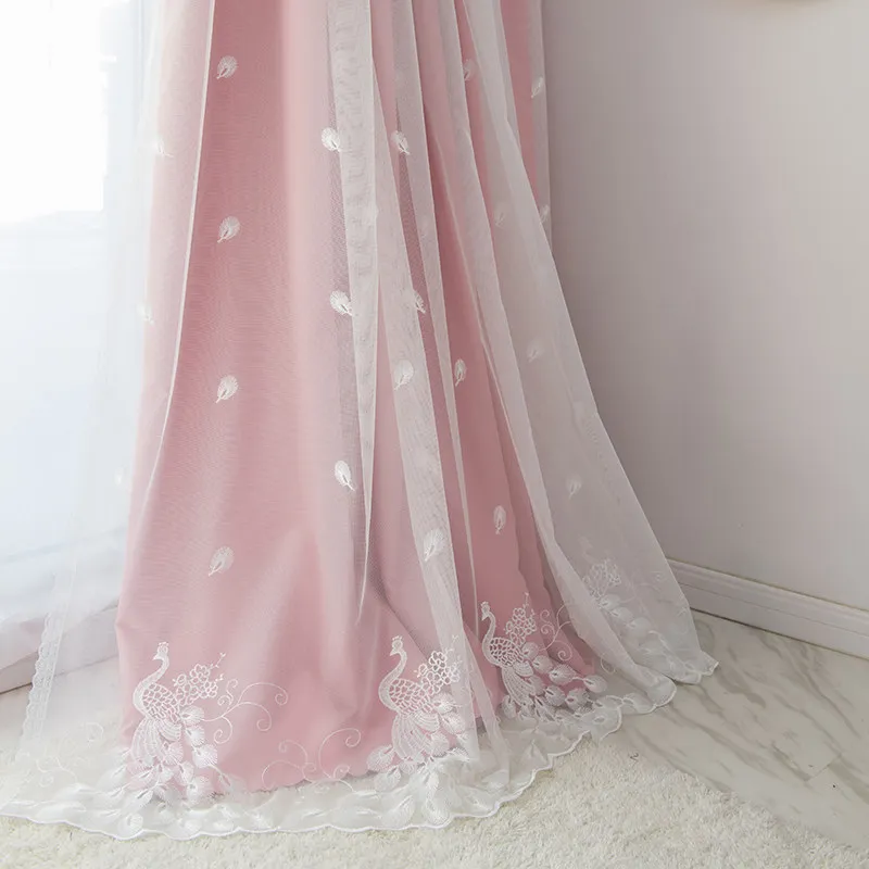 

Розовые двухслойные шторы с вышивкой павлина, прозрачные и затемняющие, в элегантном стиле принцессы, для спальни/гостиной