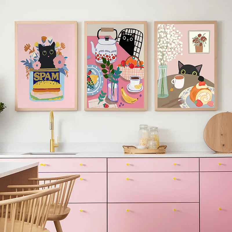 Funny Cute Coffee Cat Bread Puppy Croissant Dog Poster and Prints Canvas Printing Wall Art Picture for Living Room Kitchen Decor