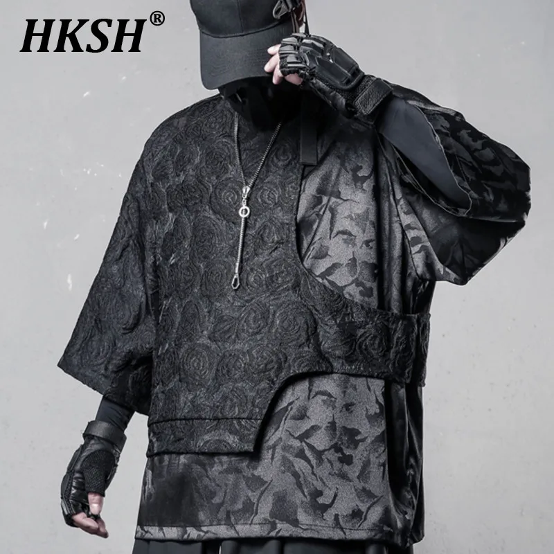 

HKSH Новая летняя мужская футболка с темным узором и розой в стиле пэчворк, трендовая свободная футболка из двух предметов, повседневные топы с короткими рукавами HK5884