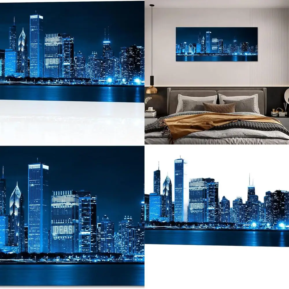 

Chicago Skyline Night Art - Blue Wall Decor for Office