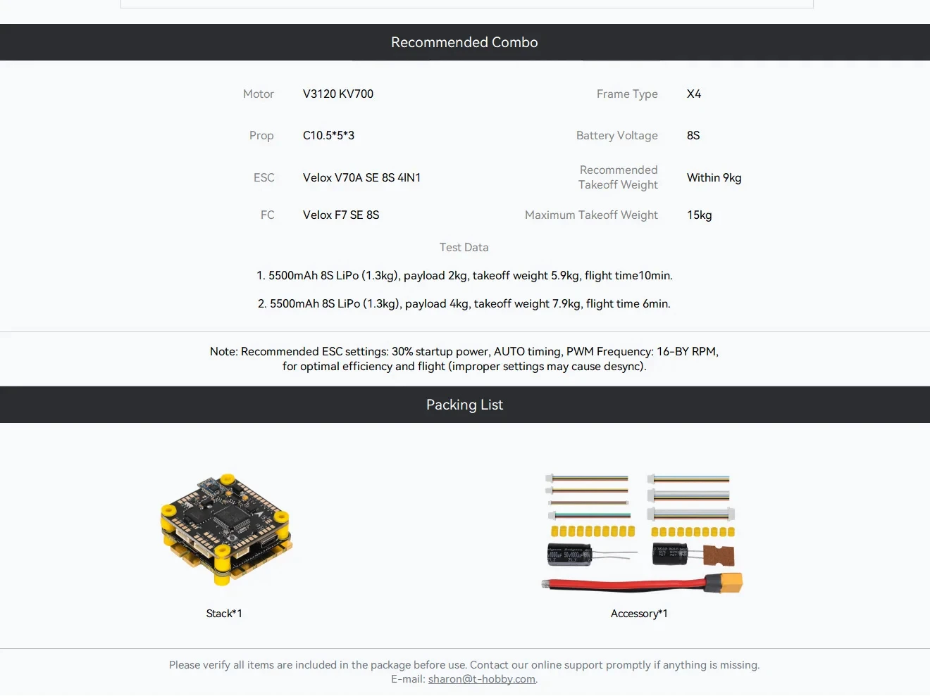 T-MOTOR Velox F7 SE 8S Stack - F7 FC + 70A 4in1 ESC Combo for RC FPV Drone, Long Range & Freestyle