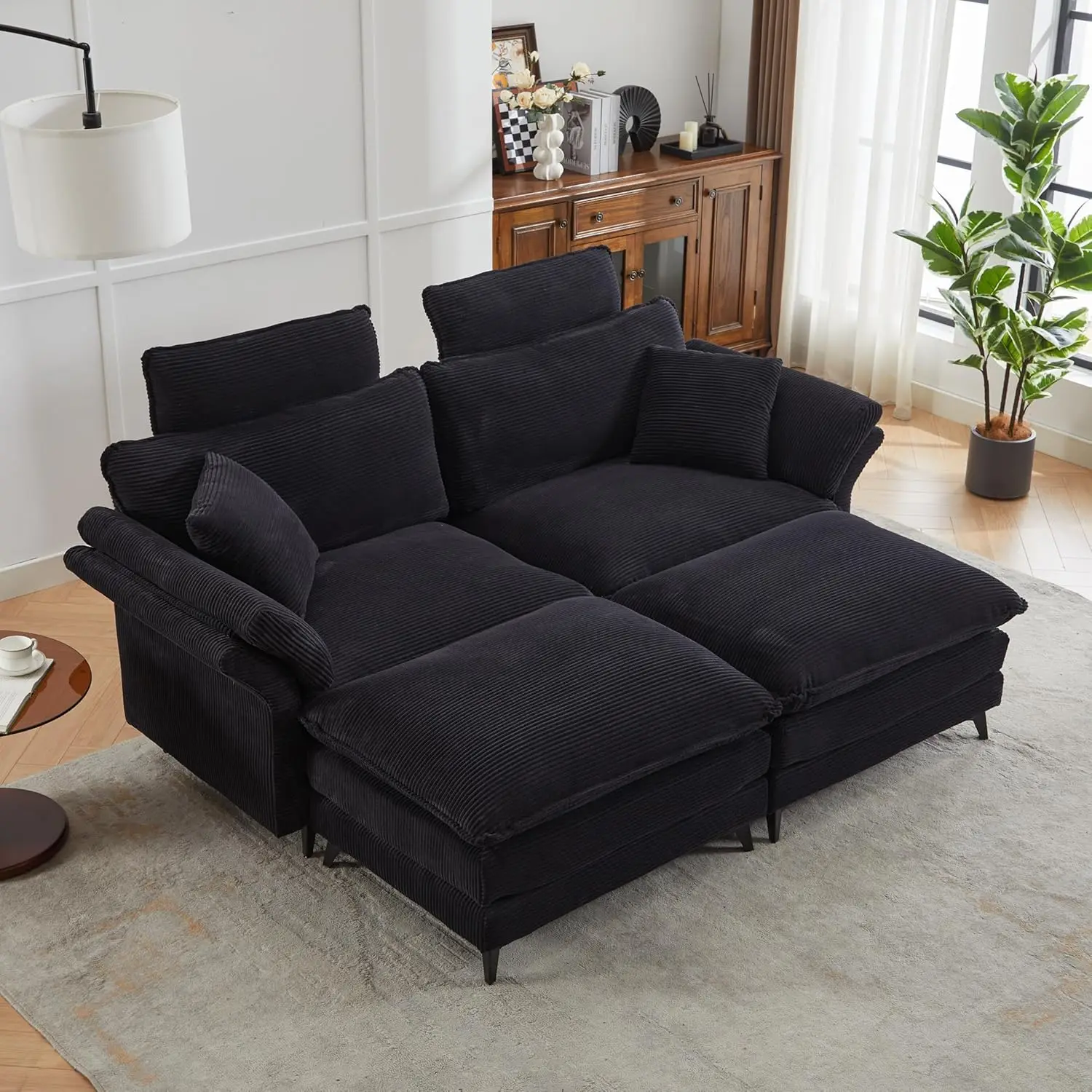 85.8 Inch Deep Seat Corduroy Upholstered Sectional Sofa Comfor  Cloud Sofa with Ottomans Loveseat for Living Room  ized