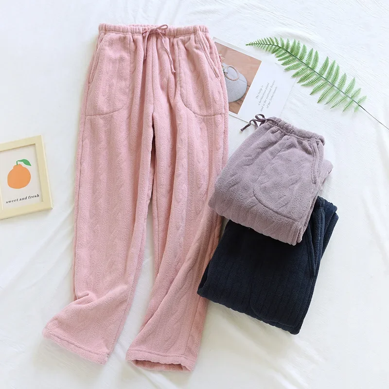 Autumn and winter new couple pajamas flannel men's and women's plus size simple trousers plus velvet thickened home pants lounge