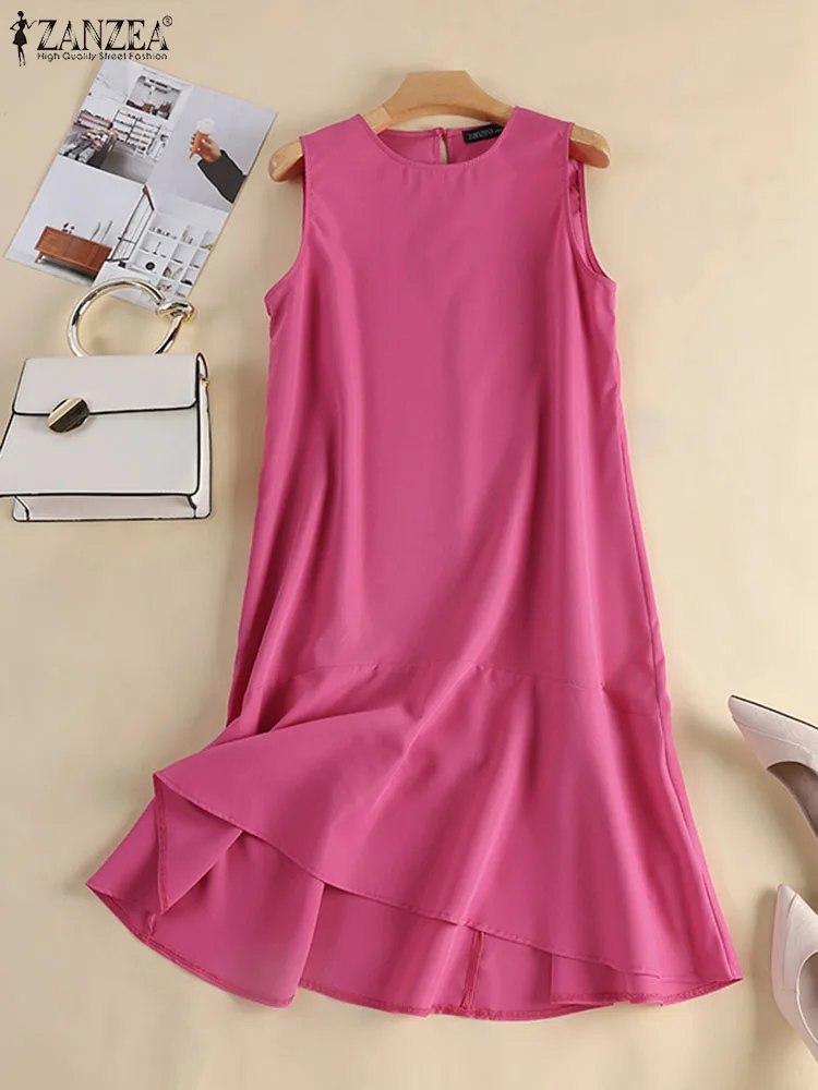 ZANZEA Fashion Sleeveless Tank Dress Woman Casual Loose Sundress Summer O-Neck Solid Dresses Female Ruffles Hem Vestido Oversize