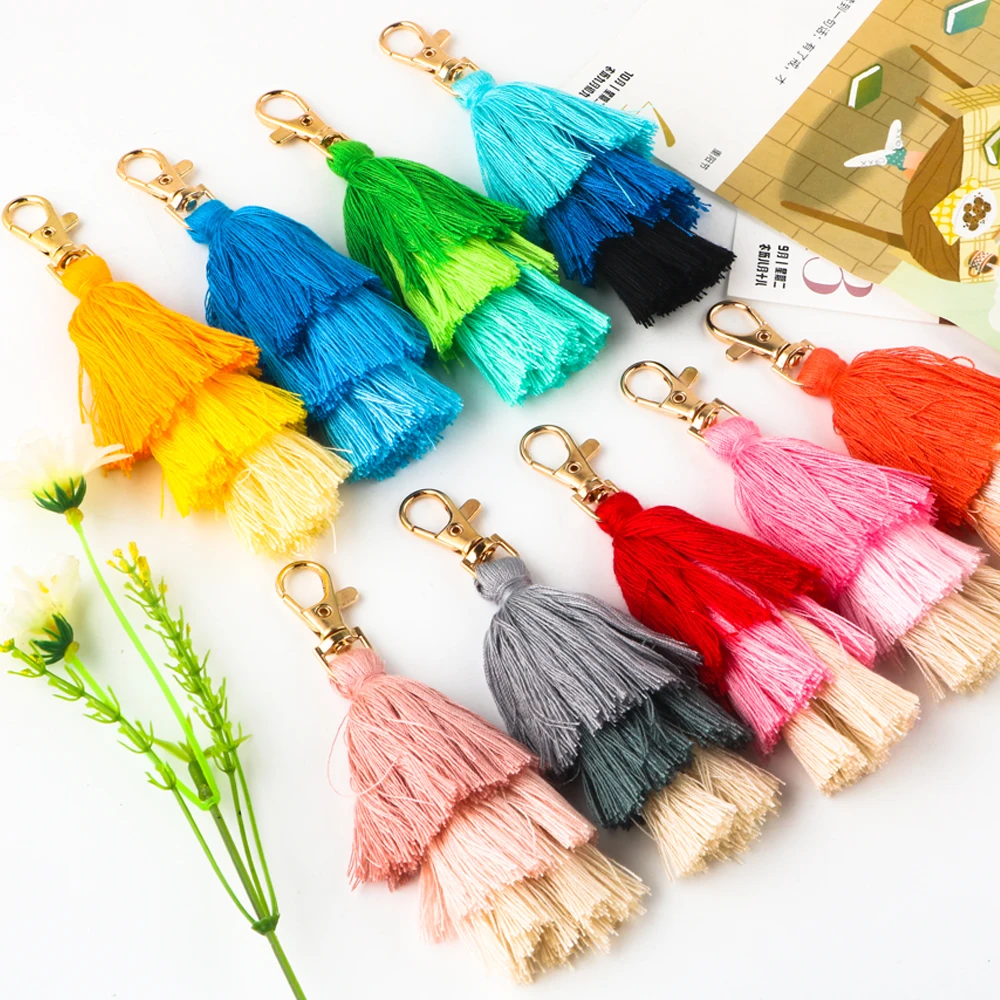 Kovict  2/5Pcs Creative New Bohemian Ethnic Style Three-layer Tassel Keychain Pendant Fashion Bag Key Rings Accessories