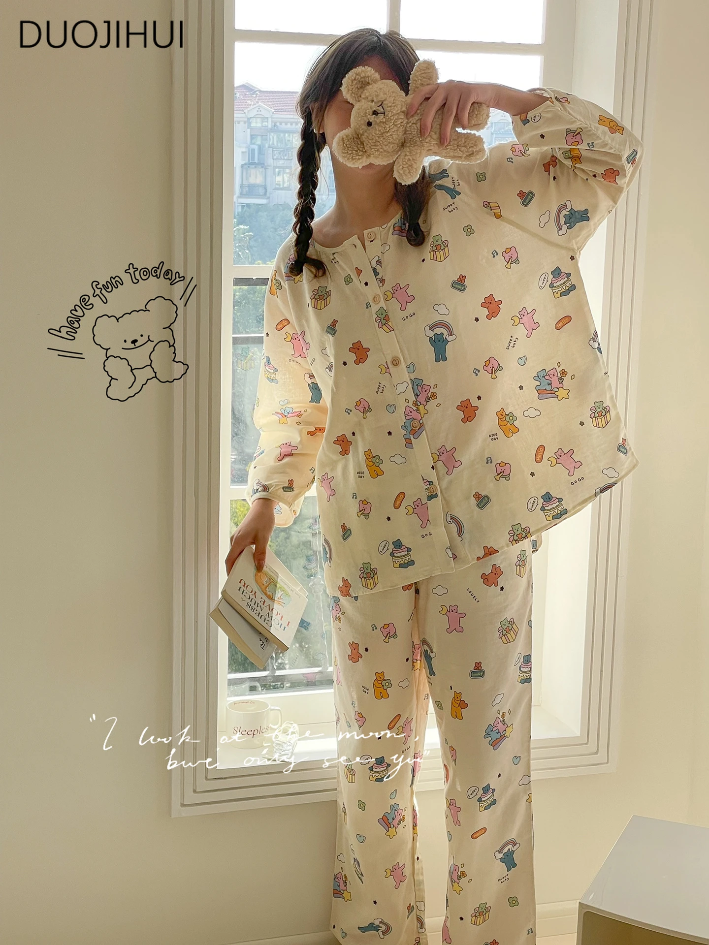 DUOJIHUI Two Piece Vintage Sweet Casual Home Pajamas for Women Autumn Long Sleeve Cardigan Basic Simple Pant Female Pajamas Set