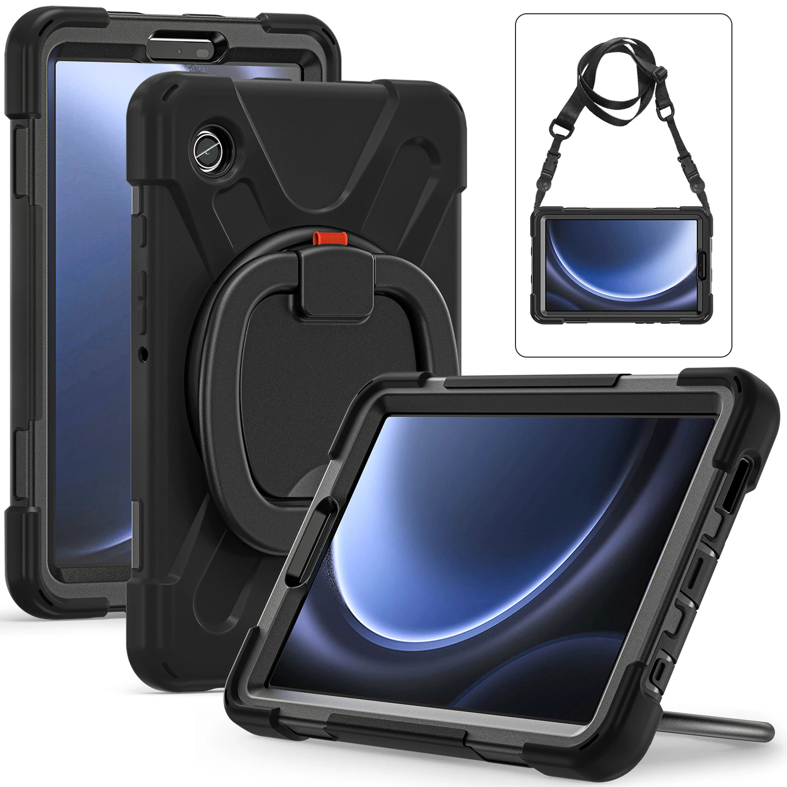 Heavy Duty Silicone For Samsung Galaxy Tab A9 8.7 Inch 2023 Case Shockproof Swivel Stand With Shoulder Strap Cover For SM-X110