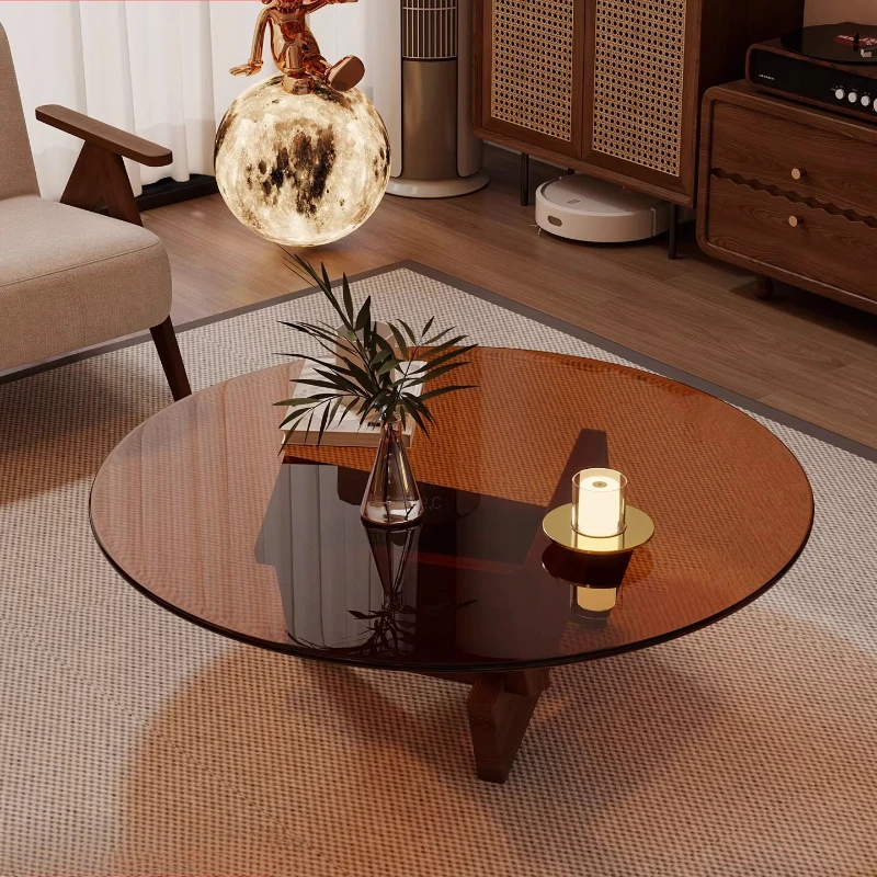Nordic Home Solid Wood Tea Table Tempered Glass Round Table Creative Modern Homestay Small House Light Luxury Tea Table