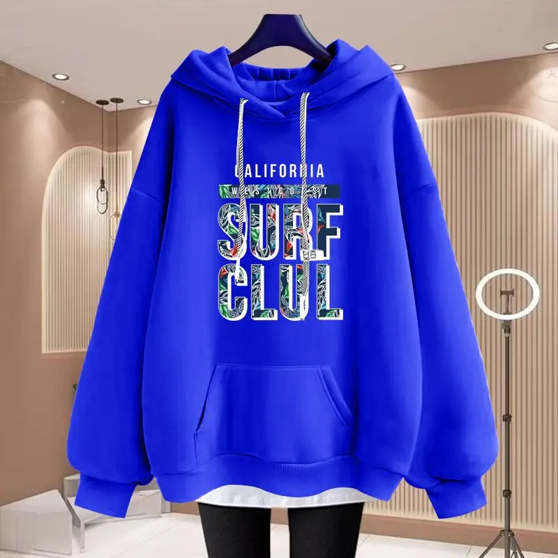 

Women Hoodies Winter Warm Fleece Oversized Pullovers Female Casual Loose Pockets Hooded Sweatshirts Chic Letter Printed Pullover