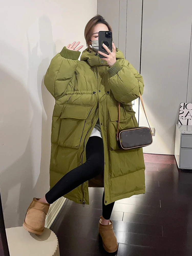 الشتاء -15 ° سترة طويلة بغطاء للرأس دافئة للنساء بسحاب سميك وجيب كبير ملابس خارجية للنساء سترات بيضاء بطول الركبة من باركر #6