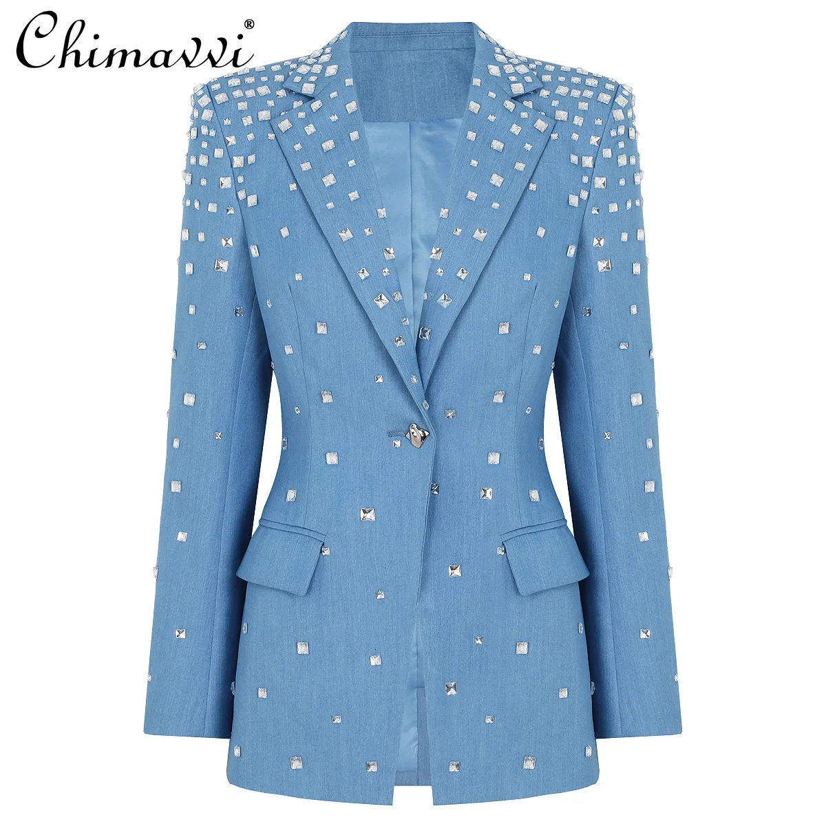 

French Elegant Fashion Commuter Heavy Industry Beads Diamond Single Buckle Slim-fit Versatile Blazer Jackets Women Spring 2026