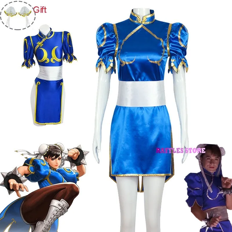 Chun Li Vestito Cosplay Costume Gioco SF Chunli Gioco di ruolo Blu Qipao Outfit Set completo Jackie Kung fu Vestito da festa di Halloween per divertimento