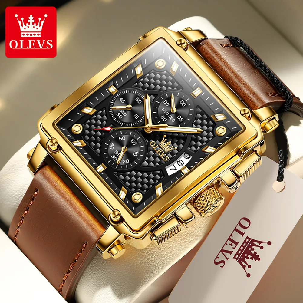 OLEVS 9925 Quartz Watch for Men Top Brand Luxury Hollow Square Sports Watches Fashion Leather Strap Waterproof Men\'s Wristwatch