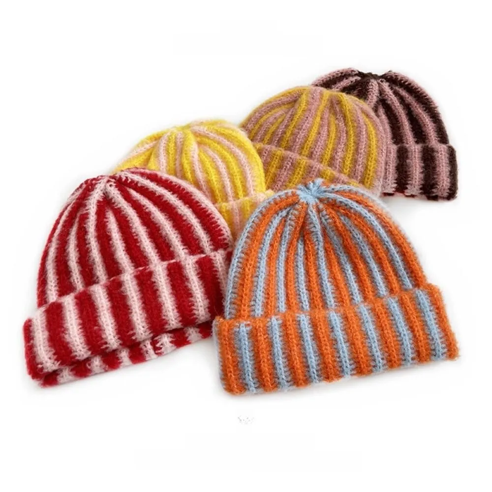 Striped Knitted Beanie Cap Windproof Flanged Design Cold Proof Warm Hat Outdoor Cycling Pullover Skullies & Beanies