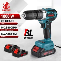 ONEVAN 25+3 Torque Brushless Electric Drill 450N.M Cordless Screwdriver Impact Drill Power Tools For Makita 18V Battery Pin