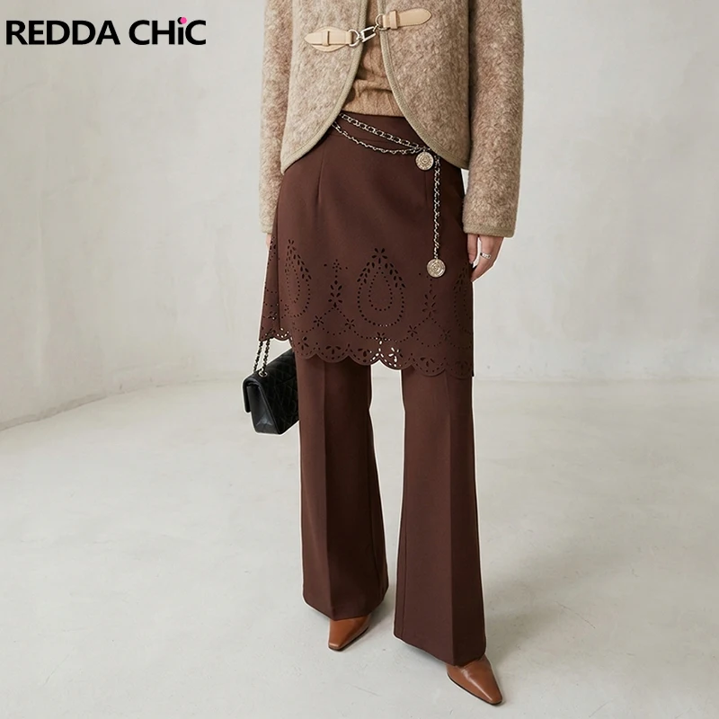 

REDDACHiC Plus Size Brown Suit Trousers Hollow Skirt Patchwork Vintage Cleanfit Wide Casual Pants Elegant Women Formal Clothes