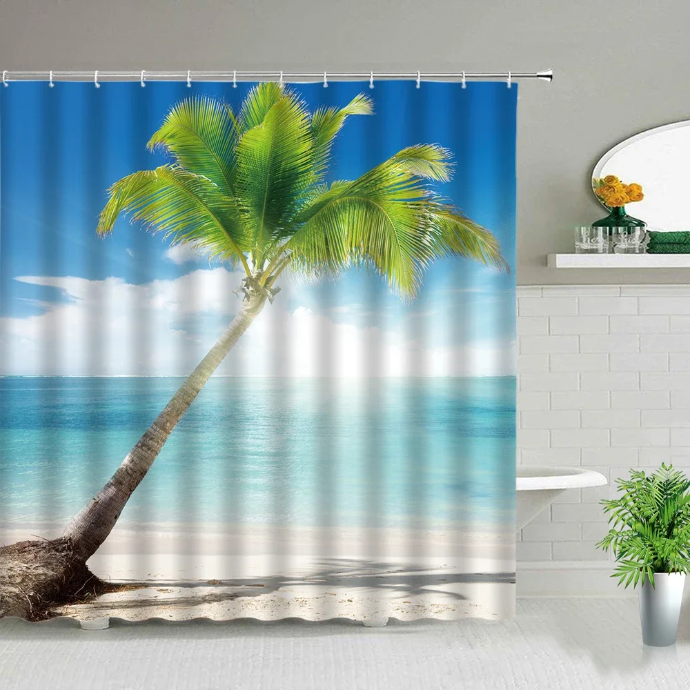 Vacation Ocean Beach Sea Scenery Shower Curtains Palm Tree Surfboard Truck  Hot Air Balloon Landscape Bath Screens With Hooks