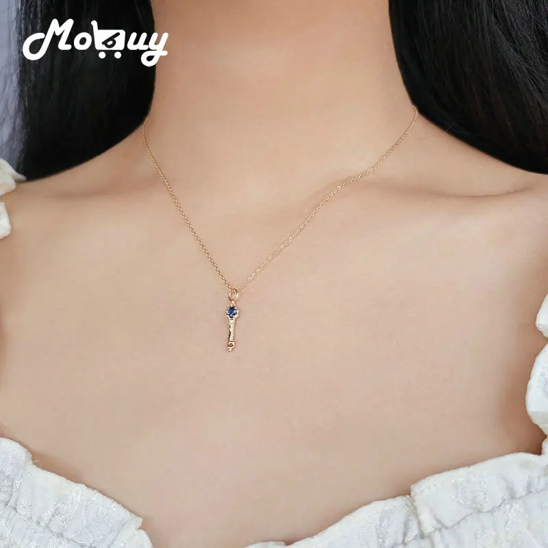

MOBUY ins натуральный синий корунд ключ кулон ожерелье для женщин лаконичный элегантный стерлингового серебра 925 пробы позолоченные ювелирные изделия