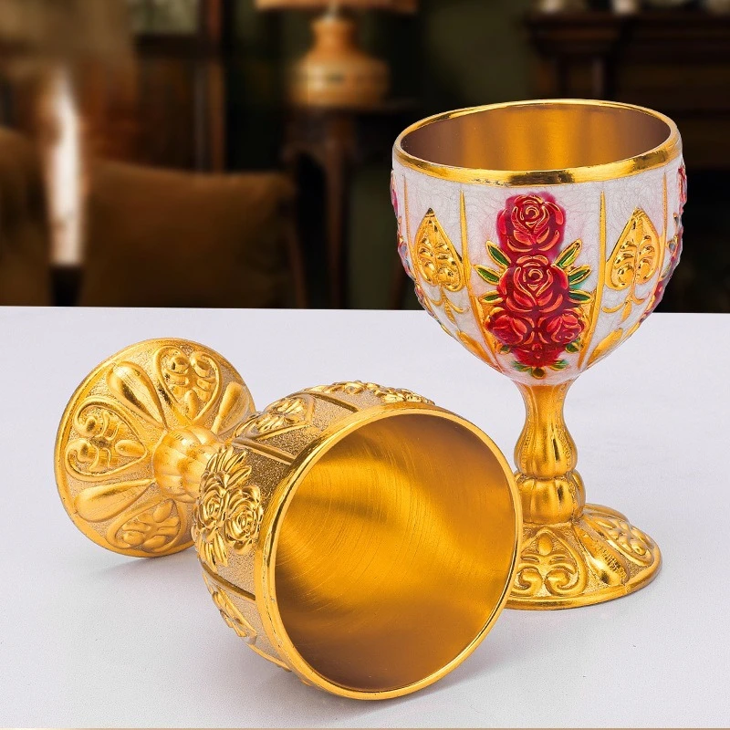 30ML Vintage Mini Wine Cup Household Liquor Glass European Style Metal Alloy Carved Chalice Bar Retro Decor Creative Gift