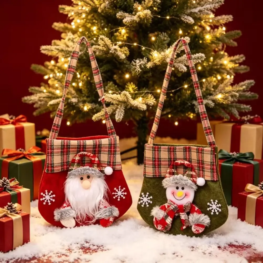 Plaid Trim Christmas Gift Bag Long Carry Handles Applique Decoration Holiday Gift Bag Open Top Christmas Tote Bag Candy Storage